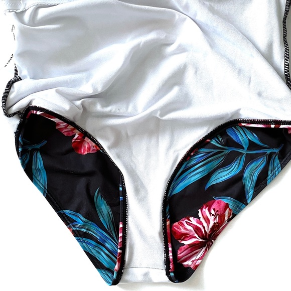 Tropical Swimwear One-Piece Swimsuit Floral Print Stripe Ruffle Top Bathing Suit - Picture 14 of 16